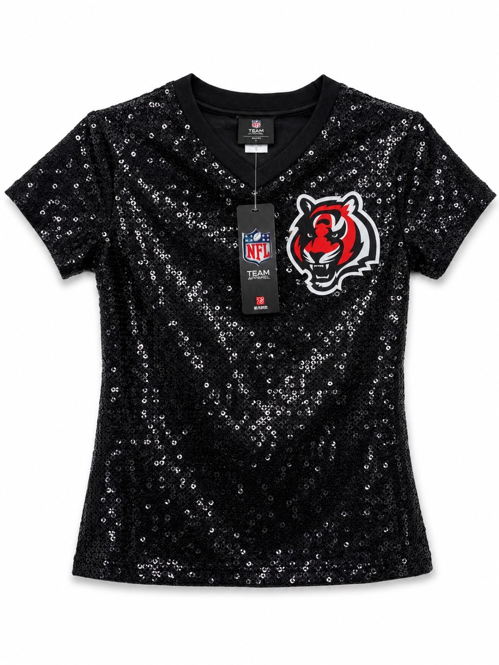 NFL Black Sequin Short Sleeve Tee with Red & White Bengal Logo